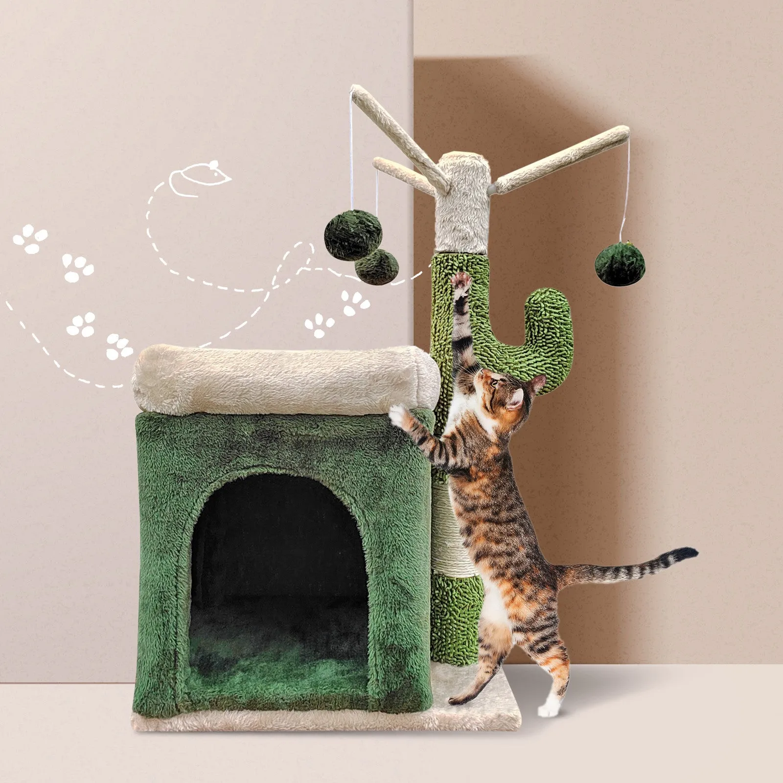 4Paws Cat Tree Scratching Post House Furniture Bed | Cactus Play | 70cm | Green
