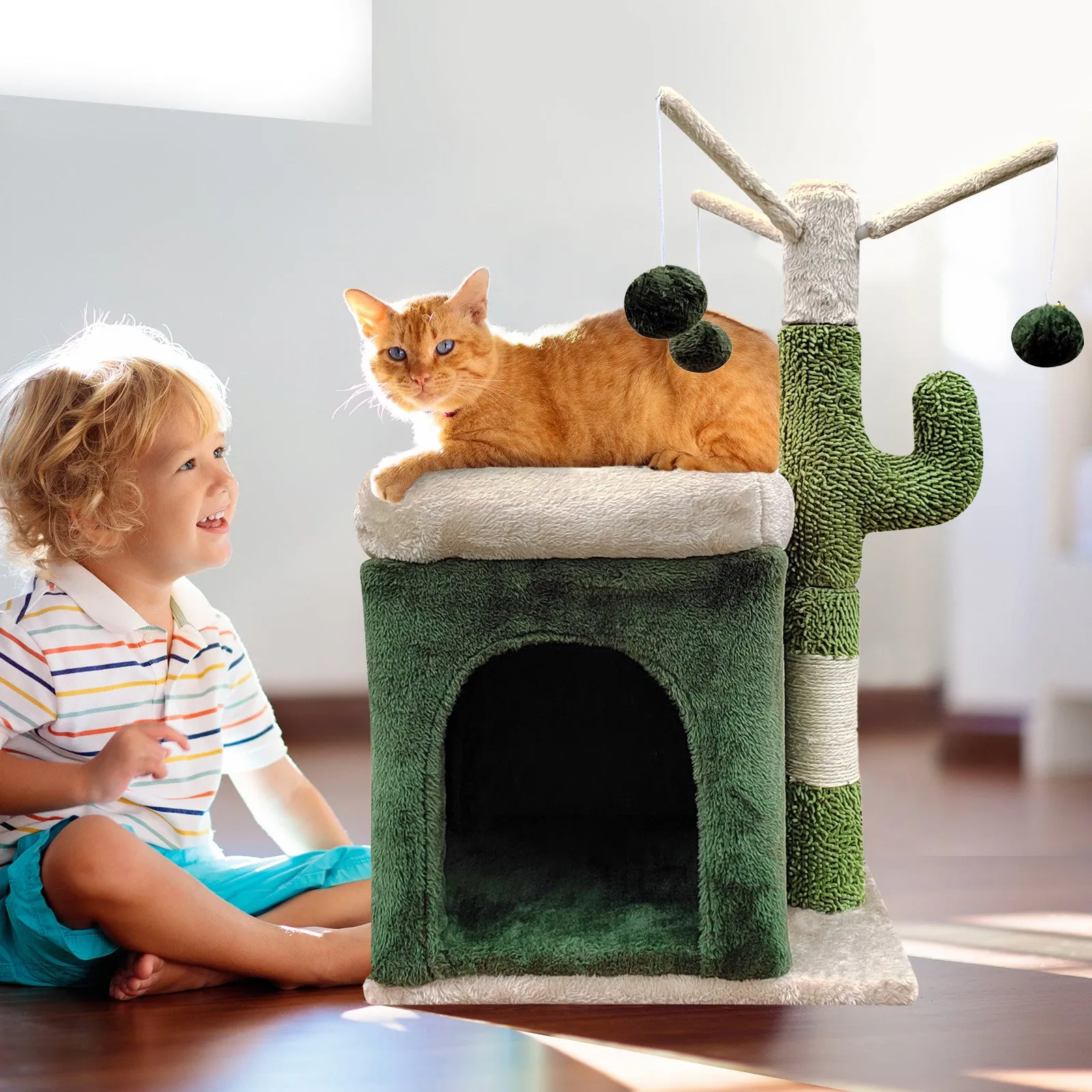 4Paws Cat Tree Scratching Post House Furniture Bed | Cactus Play | 70cm | Green