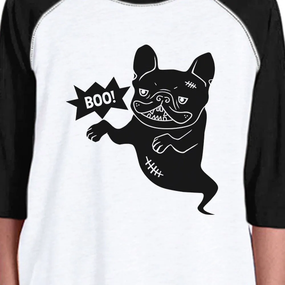 Boo French Bulldog Ghost Kids Black And White BaseBall Shirt