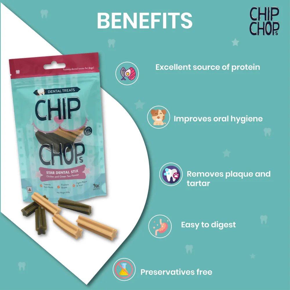Chip Chops Star Dental Stix Chicken and Green Tea Flavored Dog Treats (Limited Shelf Life)