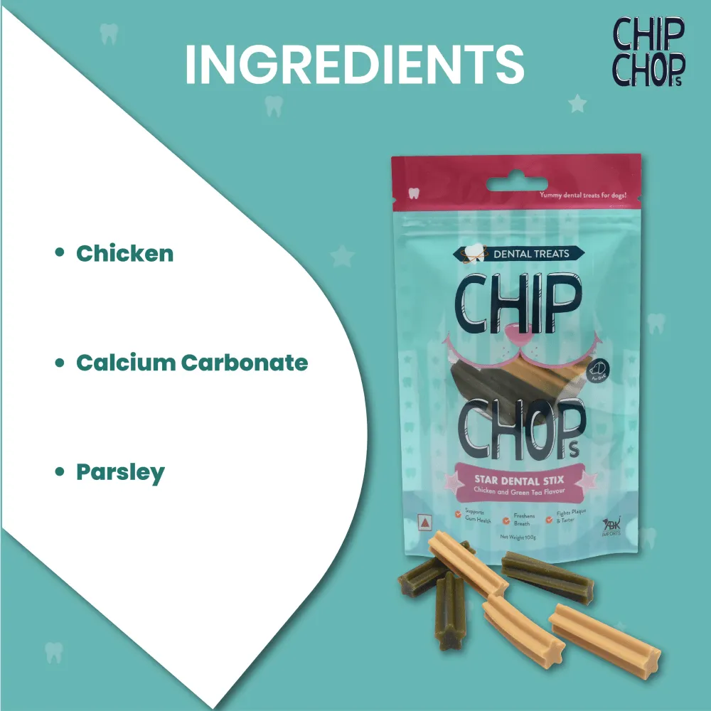 Chip Chops Star Dental Stix Chicken and Green Tea Flavored Dog Treats (Limited Shelf Life)