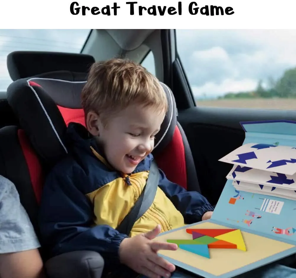PLUSPOINT Wooden Tangram Travel Game Magnetic Puzzle Book Game Tangrams Jigsaw Shapes with Solution Traveler Challenge IQ Educational Toy for 3-99 Years