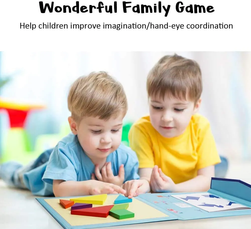 PLUSPOINT Wooden Tangram Travel Game Magnetic Puzzle Book Game Tangrams Jigsaw Shapes with Solution Traveler Challenge IQ Educational Toy for 3-99 Years