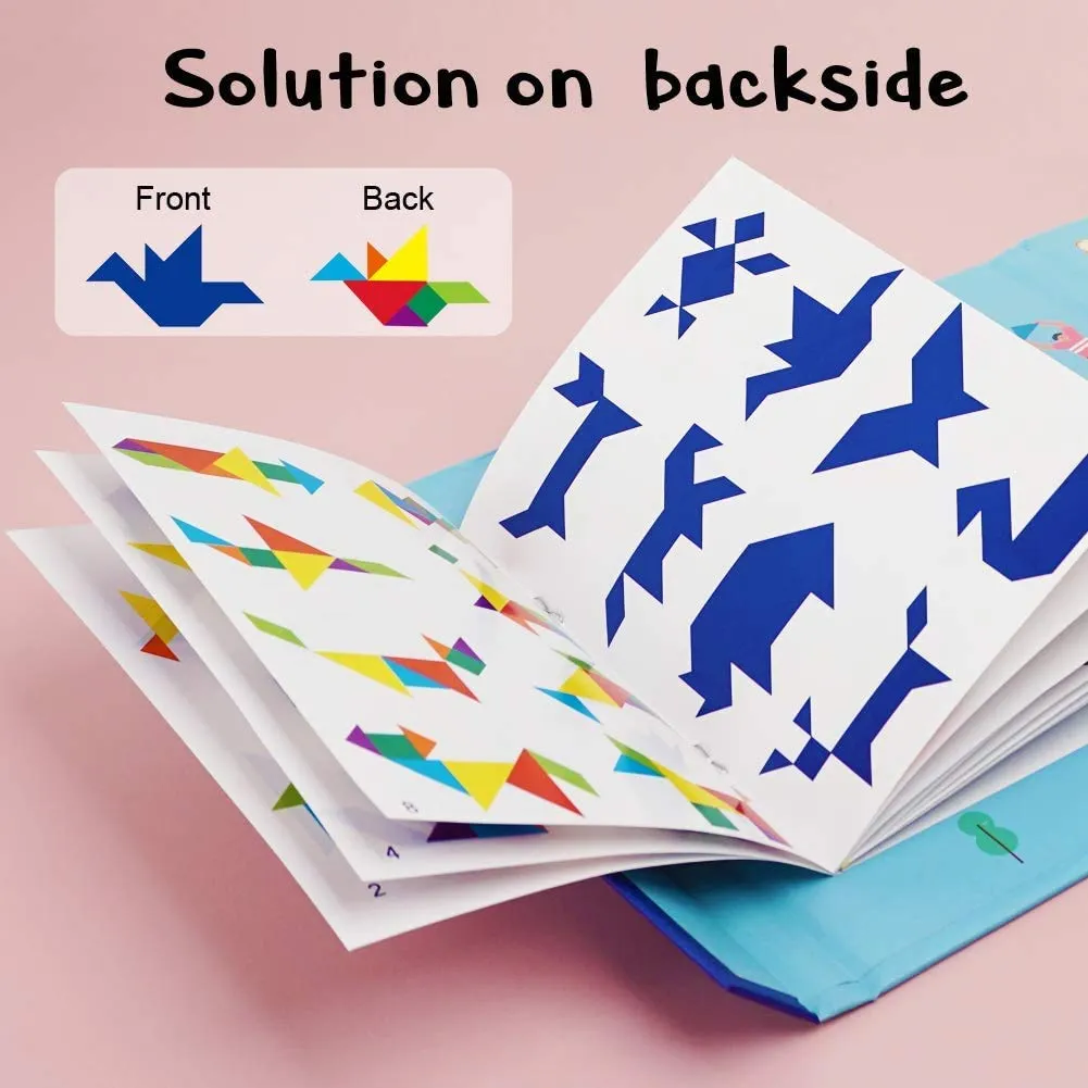 PLUSPOINT Wooden Tangram Travel Game Magnetic Puzzle Book Game Tangrams Jigsaw Shapes with Solution Traveler Challenge IQ Educational Toy for 3-99 Years