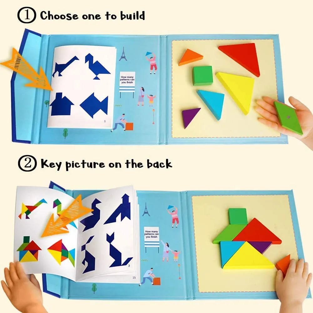 PLUSPOINT Wooden Tangram Travel Game Magnetic Puzzle Book Game Tangrams Jigsaw Shapes with Solution Traveler Challenge IQ Educational Toy for 3-99 Years