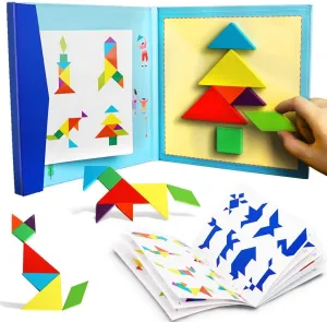 PLUSPOINT Wooden Tangram Travel Game Magnetic Puzzle Book Game Tangrams Jigsaw Shapes with Solution Traveler Challenge IQ Educational Toy for 3-99 Years