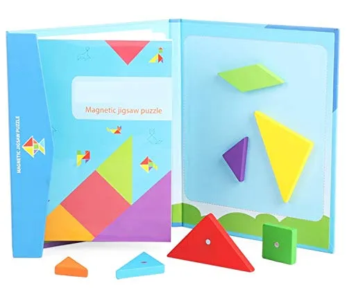 PLUSPOINT Wooden Tangram Travel Game Magnetic Puzzle Book Game Tangrams Jigsaw Shapes with Solution Traveler Challenge IQ Educational Toy for 3-99 Years