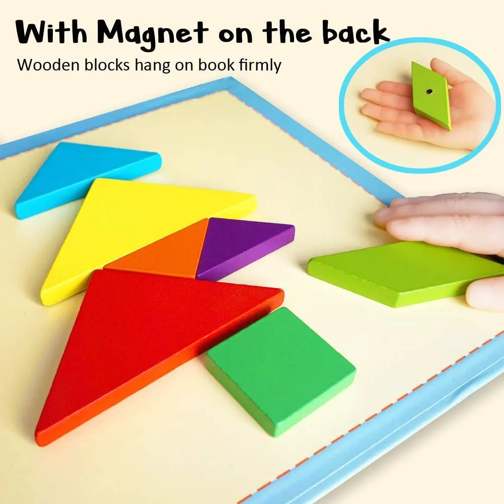 PLUSPOINT Wooden Tangram Travel Game Magnetic Puzzle Book Game Tangrams Jigsaw Shapes with Solution Traveler Challenge IQ Educational Toy for 3-99 Years