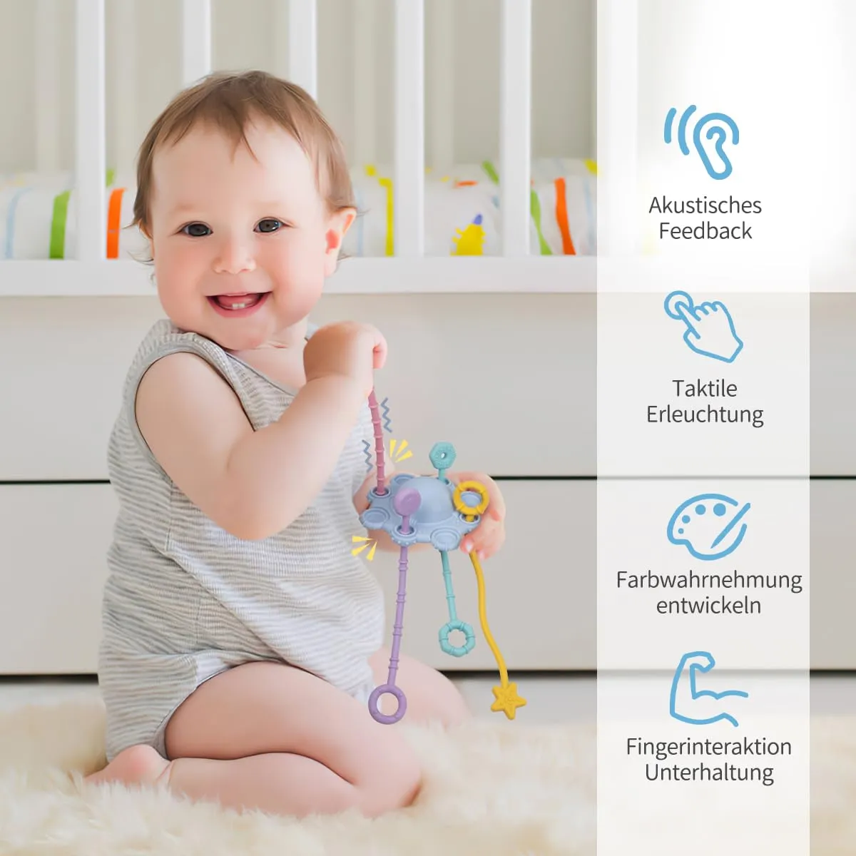 Sensory toy for toddlers, pull string toy, travel toy for babies, with built-in rattle function
