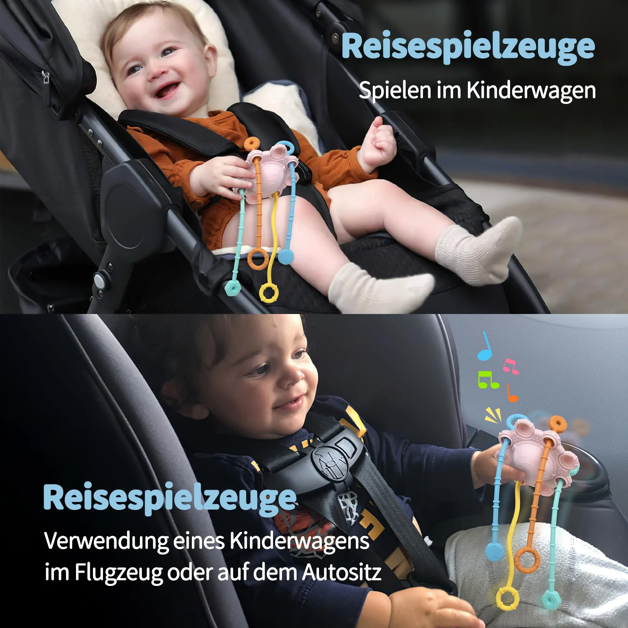 Sensory toy for toddlers, pull string toy, travel toy for babies, with built-in rattle function