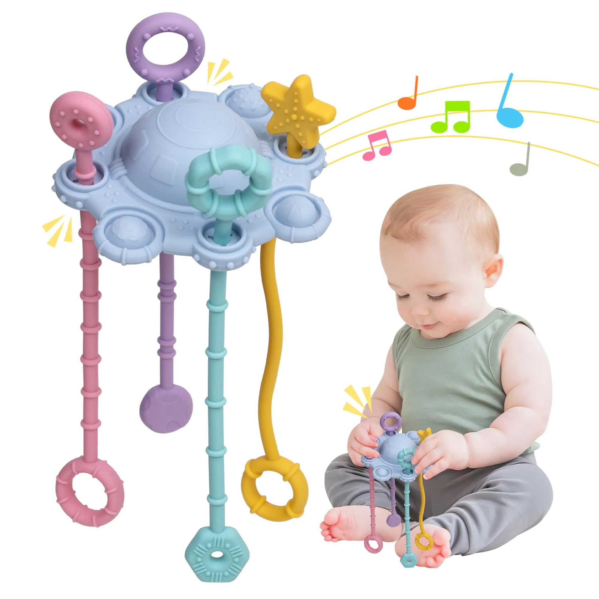 Sensory toy for toddlers, pull string toy, travel toy for babies, with built-in rattle function