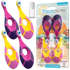 Trueocity Baby Toothbrush 4 Pack & Bonus Silicone Finger Brush, Soft Bristles, Toddler Toothbrushes, Infant & Training w/ Teething Handle, 0-2 Years, Pink Set